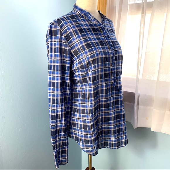 J. Crew Ocean Blue Plaid Ruffle Popover Shirt - Picture 9 of 10